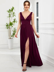 Custom Size V-Neck High Slit Empire Waist Floor-Length Evening Dress