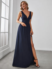 Custom Size V-Neck High Slit Empire Waist Floor-Length Evening Dress