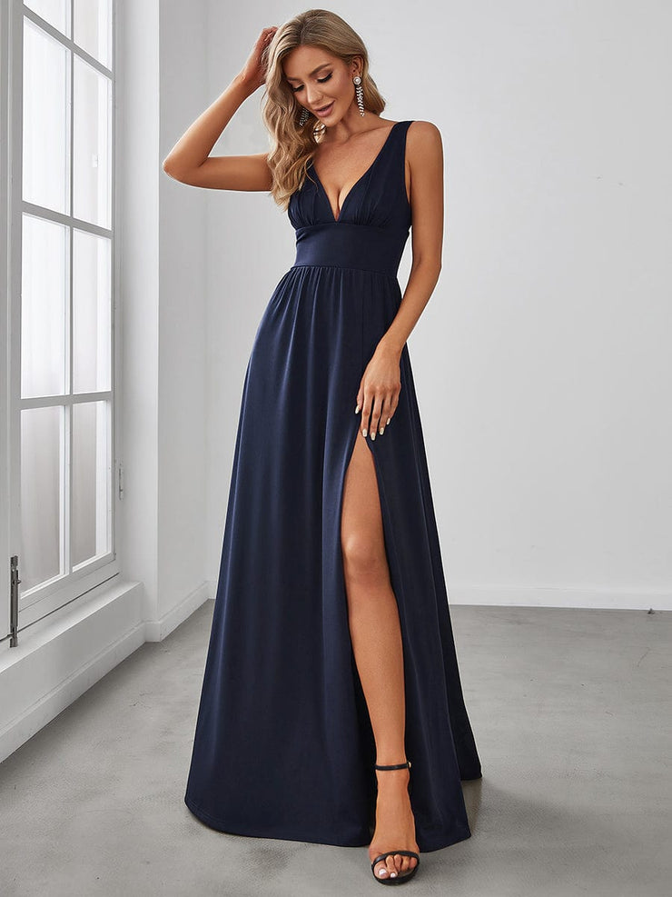 Custom Size V-Neck High Slit Empire Waist Floor-Length Evening Dress