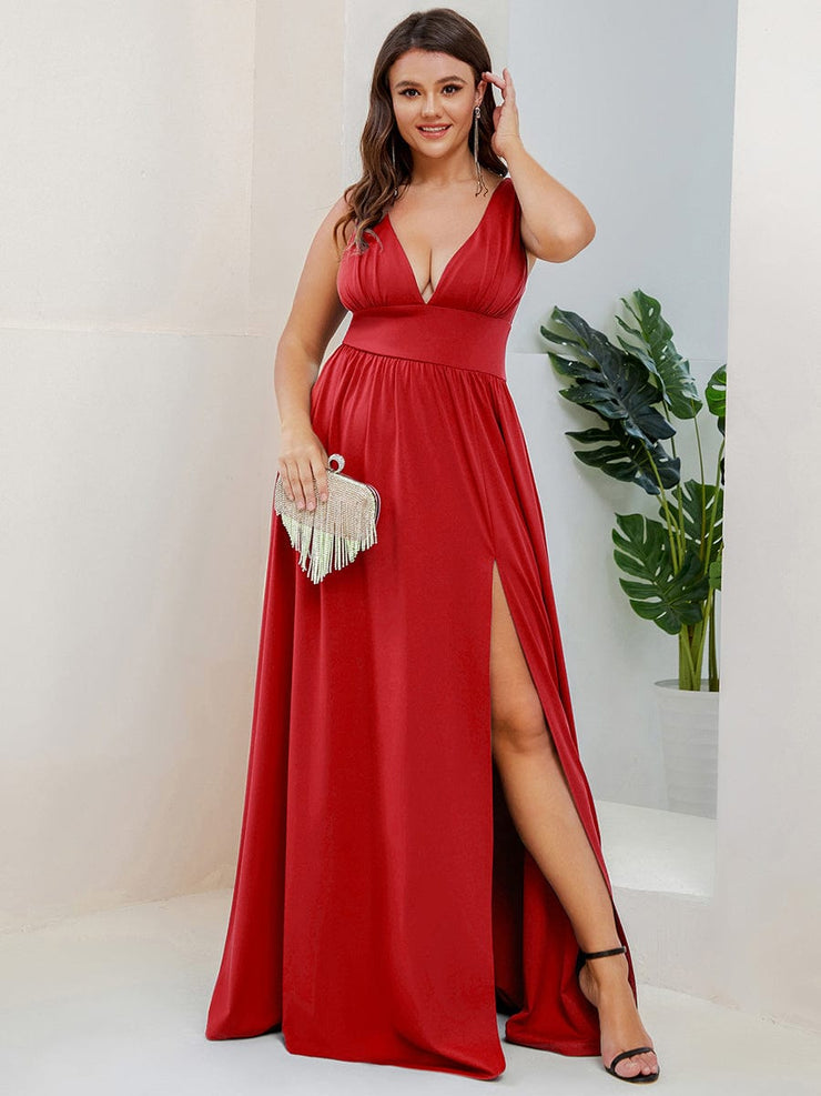 Custom Size V-Neck High Slit Empire Waist Floor-Length Evening Dress