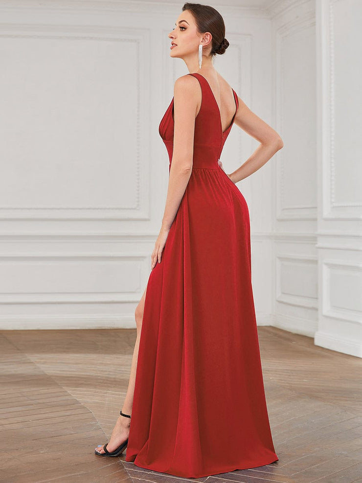 Custom Size V-Neck High Slit Empire Waist Floor-Length Evening Dress