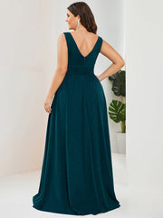 Custom Size V-Neck High Slit Empire Waist Floor-Length Evening Dress