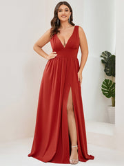 Custom Size V-Neck High Slit Empire Waist Floor-Length Evening Dress