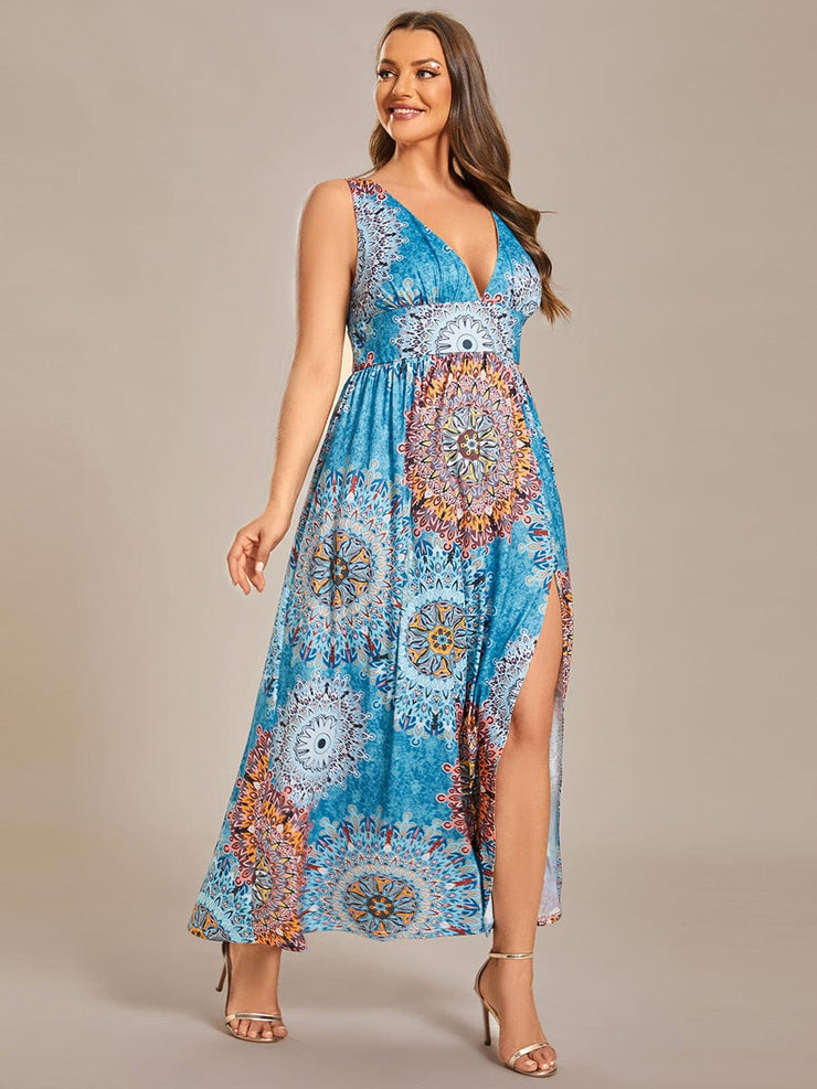 Plus Size Elegant V-Neck High Slit Printing Summer Evening Dress