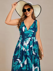 Plus Size Elegant V-Neck High Slit Printing Summer Evening Dress