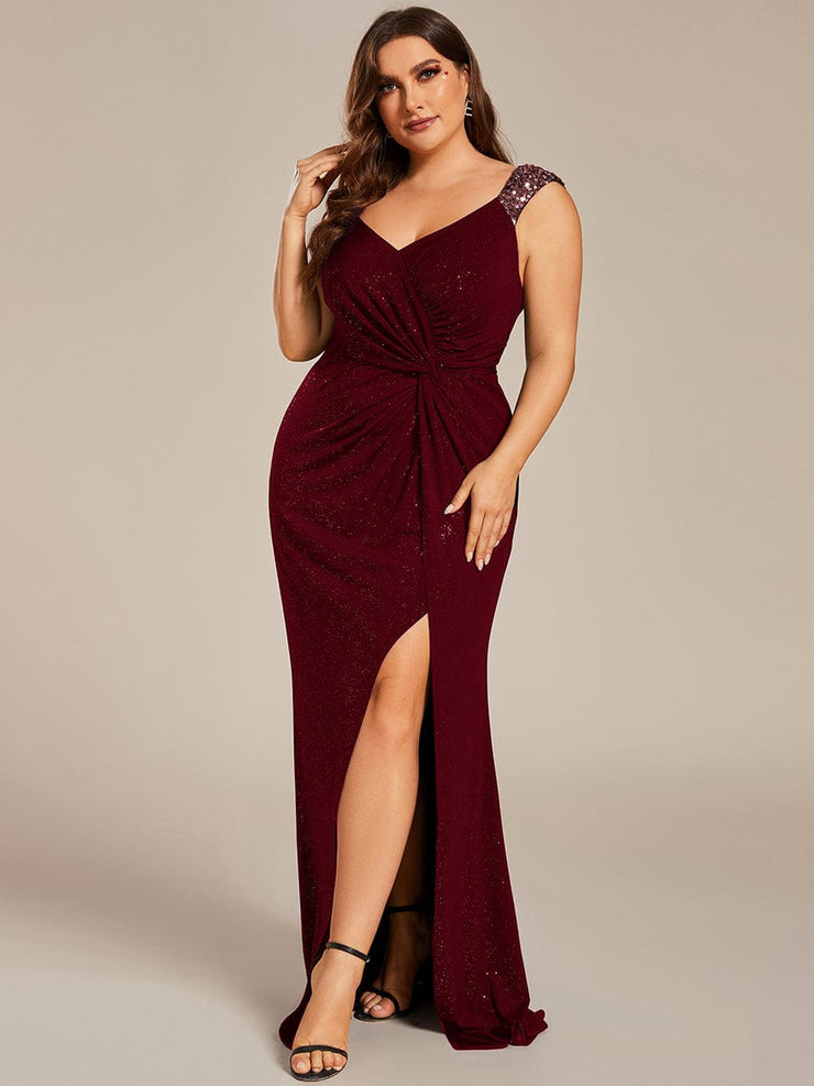 Elegant Sequin V Neck High Slit Evening Dress