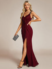 Elegant Sequin V Neck High Slit Evening Dress