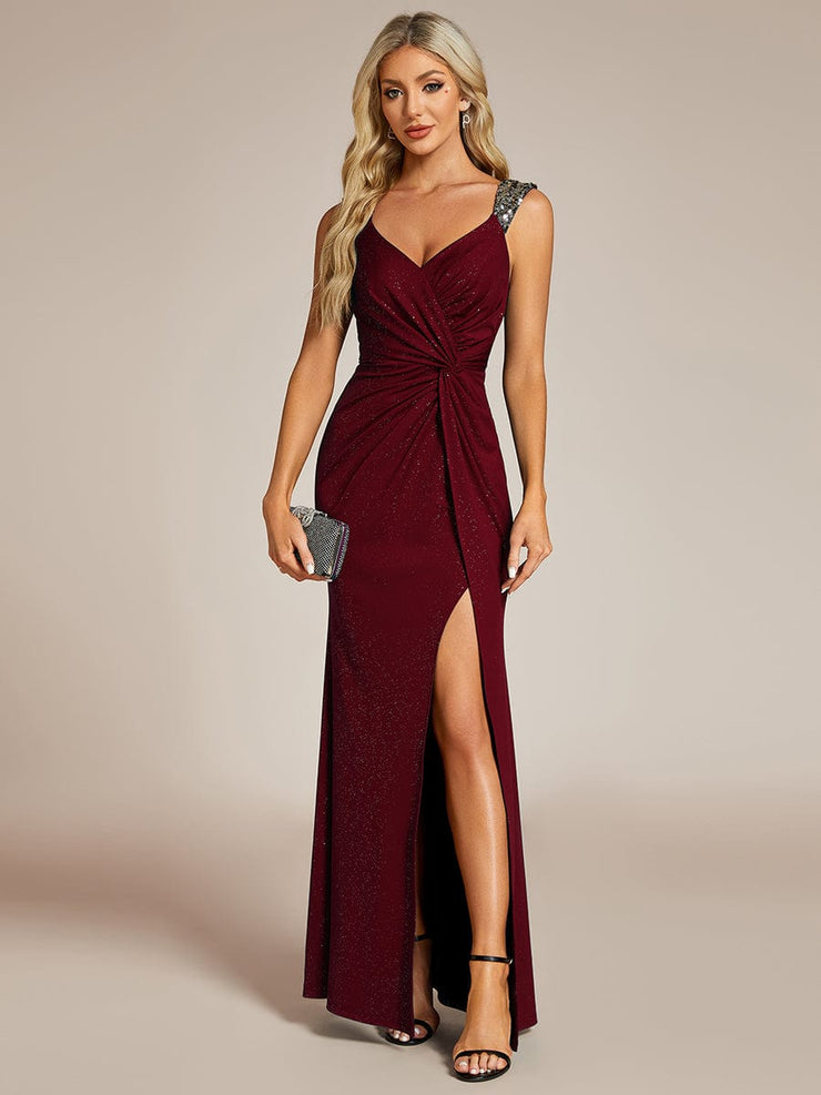 Elegant Sequin V Neck High Slit Evening Dress