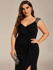 Elegant Sequin V Neck High Slit Evening Dress