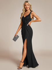 Elegant Sequin V Neck High Slit Evening Dress