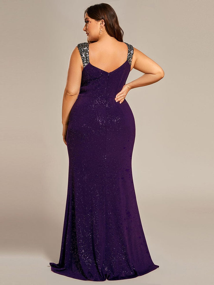 Elegant Sequin V Neck High Slit Evening Dress