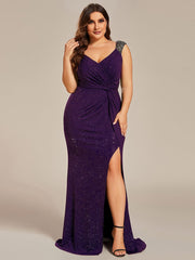 Elegant Sequin V Neck High Slit Evening Dress