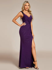 Elegant Sequin V Neck High Slit Evening Dress