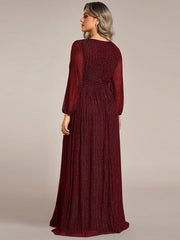 Plus Size Sparkle Long Sleeve Formal Evening Dress with A-line Silhouette