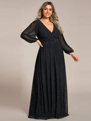 Plus Size Sparkle Long Sleeve Formal Evening Dress with A-line Silhouette