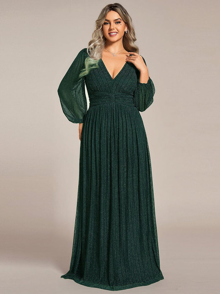 Plus Size Sparkle Long Sleeve Formal Evening Dress with A-line Silhouette