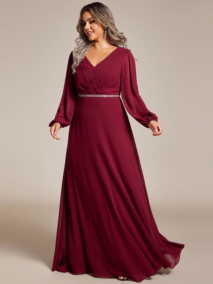 Plus Size Pleated Double V-Neck Long Sleeves Shiny Belt Chiffon Evening Dress