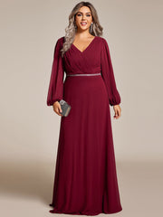 Plus Size Pleated Double V-Neck Long Sleeves Shiny Belt Chiffon Evening Dress