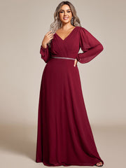 Plus Size Pleated Double V-Neck Long Sleeves Shiny Belt Chiffon Evening Dress