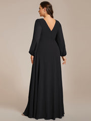 Plus Size Pleated Double V-Neck Long Sleeves Shiny Belt Chiffon Evening Dress