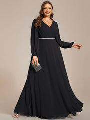 Plus Size Pleated Double V-Neck Long Sleeves Shiny Belt Chiffon Evening Dress