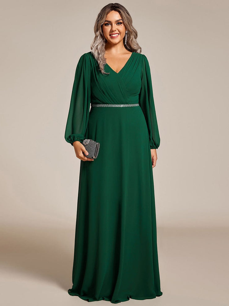 Plus Size Pleated Double V-Neck Long Sleeves Shiny Belt Chiffon Evening Dress