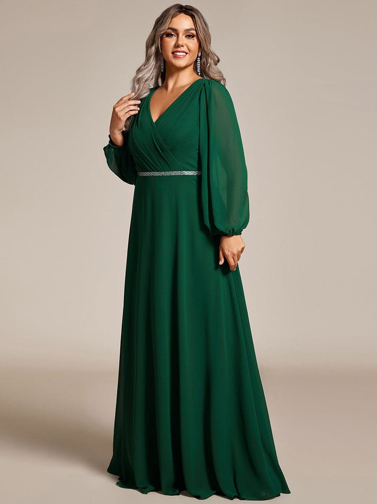 Plus Size Pleated Double V-Neck Long Sleeves Shiny Belt Chiffon Evening Dress