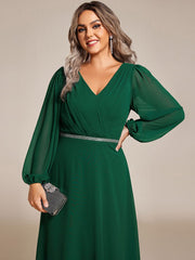 Plus Size Pleated Double V-Neck Long Sleeves Shiny Belt Chiffon Evening Dress