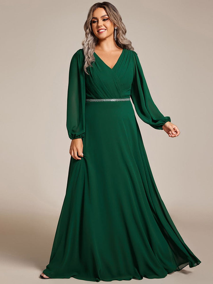 Plus Size Pleated Double V-Neck Long Sleeves Shiny Belt Chiffon Evening Dress