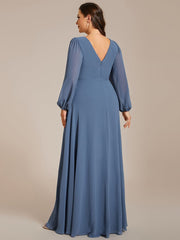 Plus Size Pleated Double V-Neck Long Sleeves Shiny Belt Chiffon Evening Dress