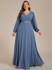 Plus Size Pleated Double V-Neck Long Sleeves Shiny Belt Chiffon Evening Dress