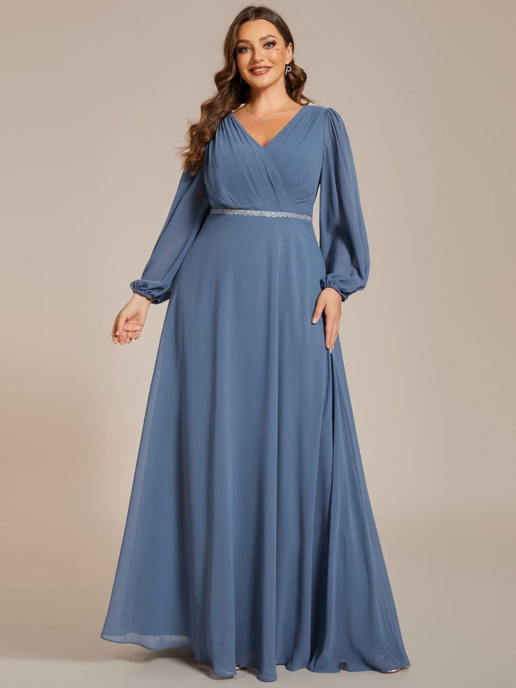 Plus Size Pleated Double V-Neck Long Sleeves Shiny Belt Chiffon Evening Dress