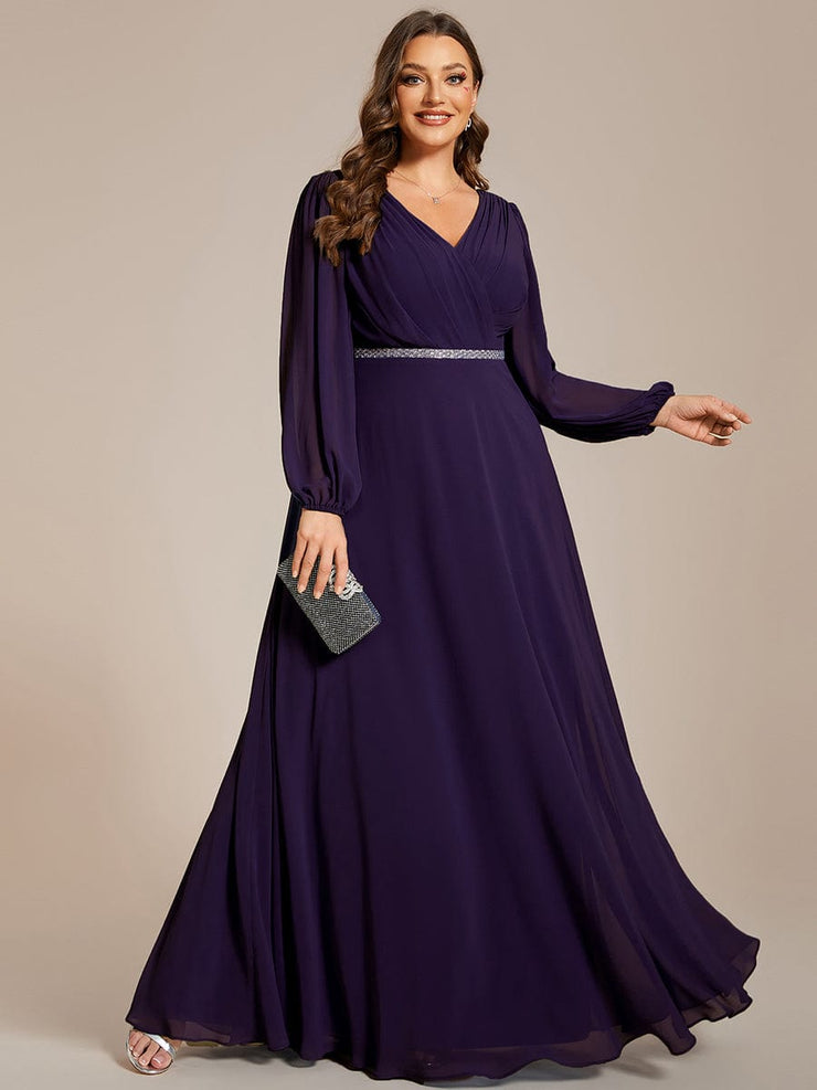 Plus Size Pleated Double V-Neck Long Sleeves Shiny Belt Chiffon Evening Dress