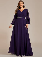 Plus Size Pleated Double V-Neck Long Sleeves Shiny Belt Chiffon Evening Dress