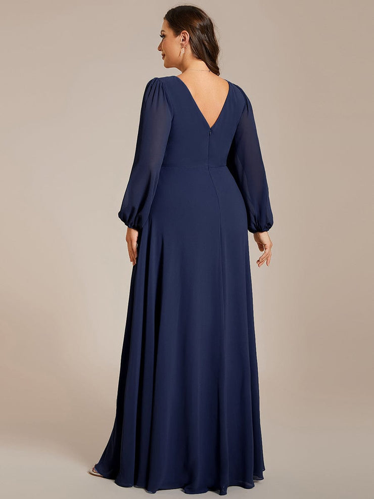 Plus Size Pleated Double V-Neck Long Sleeves Shiny Belt Chiffon Evening Dress