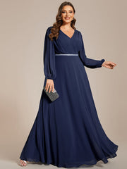 Plus Size Pleated Double V-Neck Long Sleeves Shiny Belt Chiffon Evening Dress