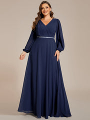 Plus Size Pleated Double V-Neck Long Sleeves Shiny Belt Chiffon Evening Dress