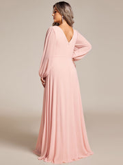 Plus Size Pleated Double V-Neck Long Sleeves Shiny Belt Chiffon Evening Dress