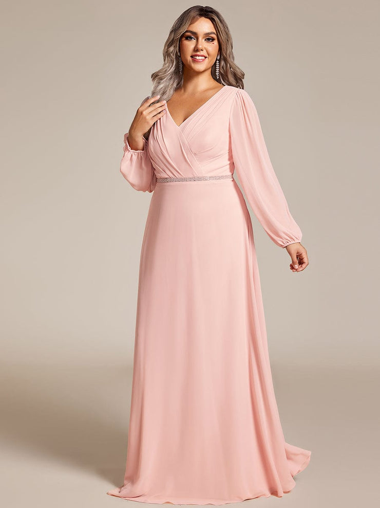 Plus Size Pleated Double V-Neck Long Sleeves Shiny Belt Chiffon Evening Dress