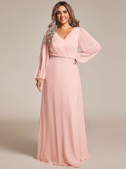 Plus Size Pleated Double V-Neck Long Sleeves Shiny Belt Chiffon Evening Dress