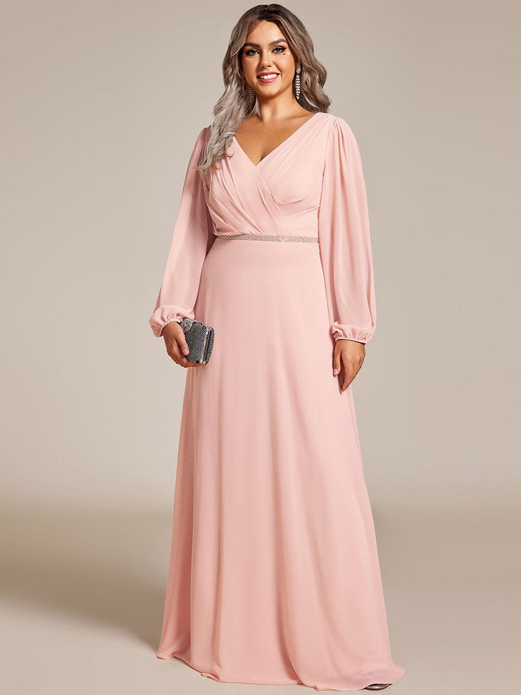 Plus Size Pleated Double V-Neck Long Sleeves Shiny Belt Chiffon Evening Dress