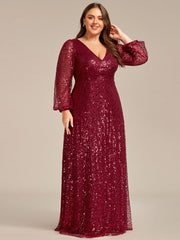 Plus Size V-Neck Lantern Long Sleeve Sequin A-Line Evening Dress