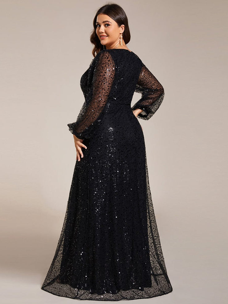 Plus Size V-Neck Lantern Long Sleeve Sequin A-Line Evening Dress