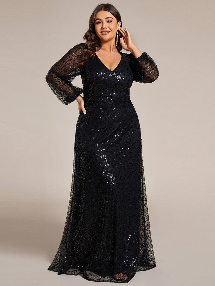 Plus Size V-Neck Lantern Long Sleeve Sequin A-Line Evening Dress