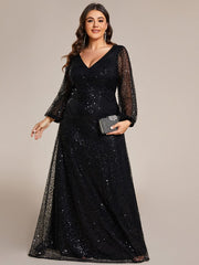 Plus Size V-Neck Lantern Long Sleeve Sequin A-Line Evening Dress