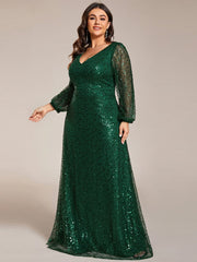 Plus Size V-Neck Lantern Long Sleeve Sequin A-Line Evening Dress