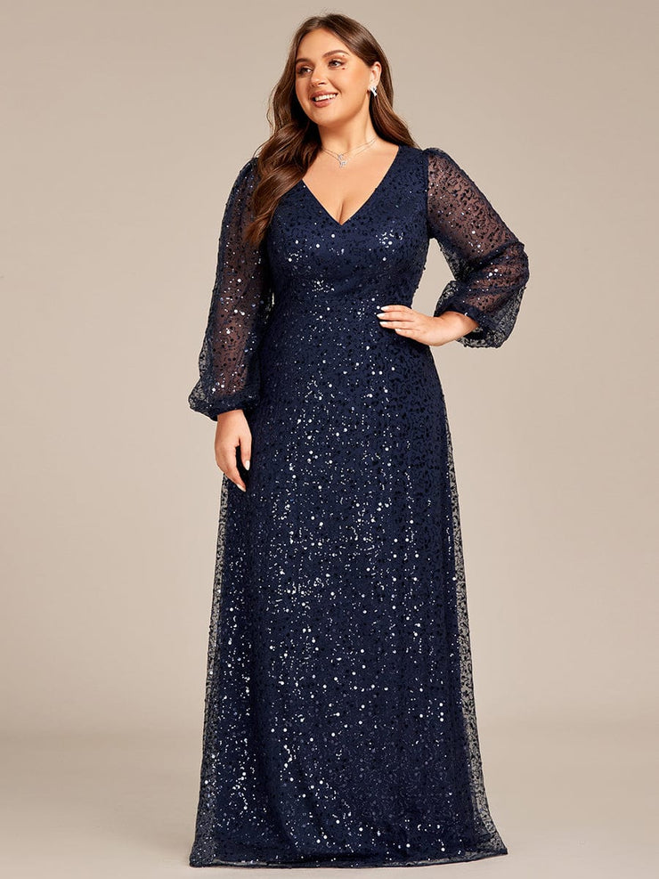 Plus Size V-Neck Lantern Long Sleeve Sequin A-Line Evening Dress