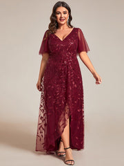 Plus Size V-Neck High Slit Sequined Evening Dresses