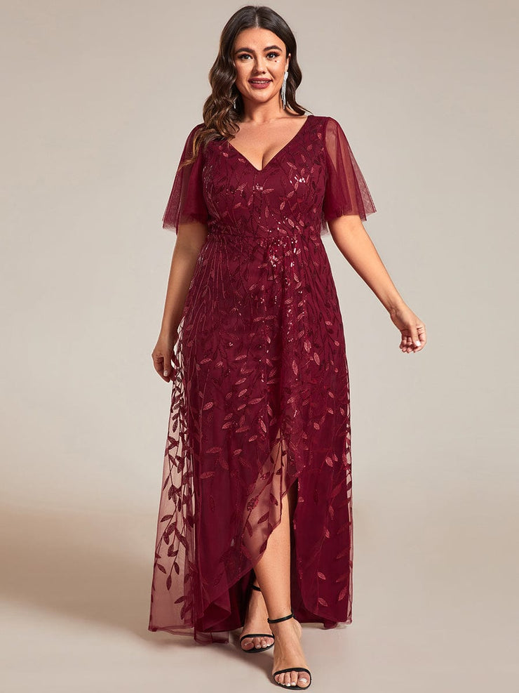 Plus Size V-Neck High Slit Sequined Evening Dresses