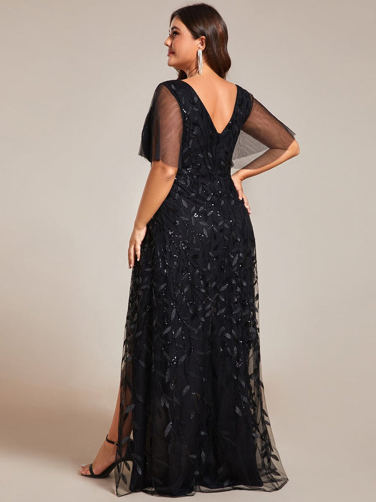 Plus Size V-Neck High Slit Sequined Evening Dresses